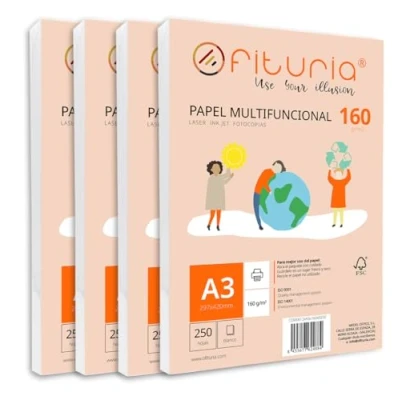 Abbildung von Packung mit 1000 weißen DIN A3 Blättern, 160g Druckerpapier. Multifunktionales Kopierpapier für Schule und Büro. Ideal Laserdrucker, Tintenstrahldrucker oder Kopierer Ofituria