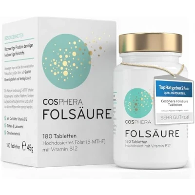 Abbildung von Folsäure Tabletten Hochdosiert Mit 800 μg Folat und 25 Vitamin B12 pro Tablette 180 vegane im 6 Monatsvorrat 5 MTHF, dem best verwertbaren B9