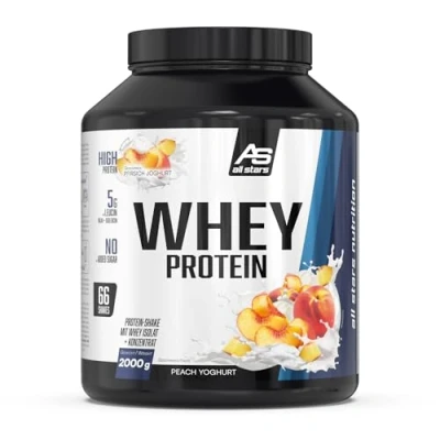Abbildung von ALL STARS Whey Protein (2 kg, Peach Yoghurt) Cremiger Shake mit Isolat + Konzentrat hochwertiges Pulver bis zu 24g Eiweiß/Portion 2000g