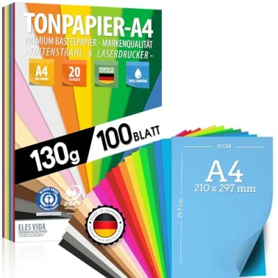 Abbildung von 100 Blatt TONPAPIER Buntes Papier DIN A4 130g/m² Set 20 Farben Stabil Bastelpapier &amp; Farbige Blätter, Kinder DIY Bogen, Zubehör zum Basteln BLAUER ENGEL PEFC zertifiziert