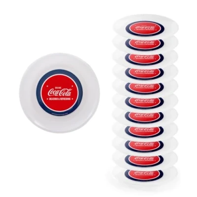 Abbildung von Snips, Set 12 Teller Hartplastik Waschbar, Kunststoff Wiederverwendbar, Coca Cola Dekor, Ø 23,5 cm, Made in Italy, 0% Bpa