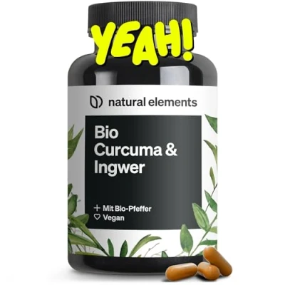 Abbildung von natural elements Bio Curcuma &amp; Ingwer 180 Kapseln Kurkuma, Pfeffer mit Curcumin Piperin hochdosiert in Deutschland produziert laborgeprüft Vegan
