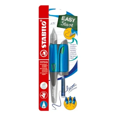 Abbildung von Ergonomischer Schulfüller für Rechtshänder mit Standard Feder M STABILO EASYbirdy in himmelblau/grasgrün inkl. Patrone und Einstellwerkzeug blau (löschbar)