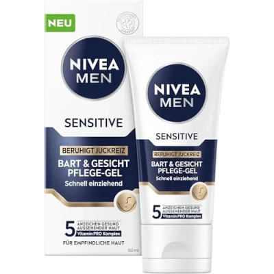 Abbildung von NIVEA MEN Sensitive Bart &amp; Gesicht Pflege Gel, schnell einziehende Bartpflege für empfindliche Männerhaut, beruhigende Gesichtspflege zur Linderung von Hautirritationen (50 ml)