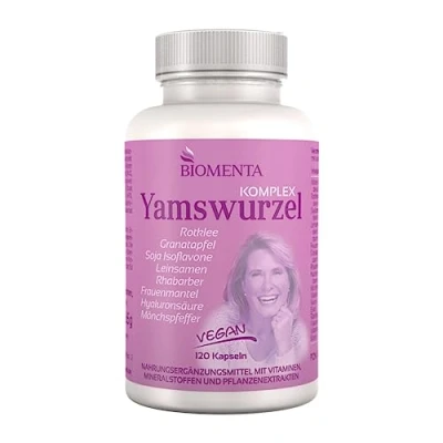 Abbildung von BIOMENTA Yamswurzel Komplex 120 Kapseln hochdosiert mit Rotklee, Granatapfel, Soja Isoflavonen, Leinsamen, Rhabarber, Mönchspfeffer, Hyaluron uvm vegan Premiumqualität