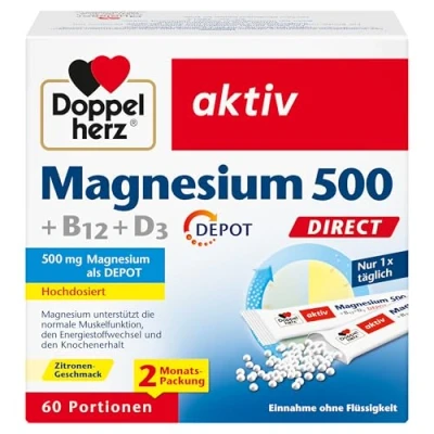 Abbildung von Doppelherz Magnesium 500 + B12 D3 DIRECT mit DEPOT Funktion als Beitrag für die normale der Muskeln und des Nervensystems 60 Portionen Micro Pellets Zitronen Geschmack