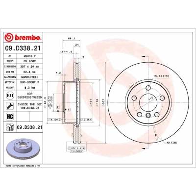Abbildung von BREMBO 09.D338.21 Bremsscheibe 307 24 5 innenbelüftet beschichtet hochgekohlt
