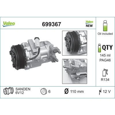Abbildung von VALEO 699367 Kompressor 6V12 12 PAG 46 R 134a mit Kompressoröl NEW ORIGINAL PART OPEL: Meriva A, Corsa C Hatchback, Agila A