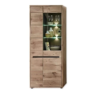 Abbildung von Stella Trading BELLANO Vitrine in Viking Eiche Optik, Graphit Moderner Vitrinenschrank mit LED Beleuchtung und viel Stauraum 80 x 202 38 cm (B/H/T)