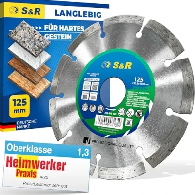 Abbildung von S&amp;R Diamant Trennscheibe Industrie Qualität, 125 x 22,23 mm zum Schneiden von Granit, Stein, Naturstein, Marmor, Mauerwerk, Beton, Diamanttrennscheibe für Flex, Winkelschleifer