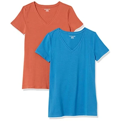 Abbildung von Amazon Essentials Damen Kurzärmeliges T Shirt mit V Ausschnitt, Klassischer Schnitt, 2er Pack, Terrakotta/Blau, S