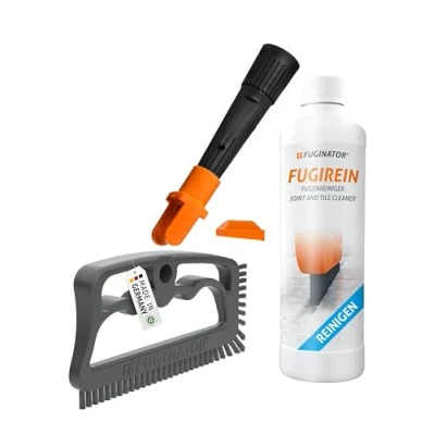 Abbildung von FUGINATOR® Trio mit Fugenbürste in grau/grau, EU Adapter &amp; Fugenreingier 250 ml Fugenreinigung im stehen für Fliesen, WC, Bad etc. Geeignet Silikon Fugen. Bürste harten Borsten