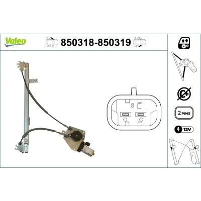 Abbildung von Valeo Fensterheber vorne links elektrisch mit Elektromotor ohne Komfortfunktion 850318 PEUGEOT: 306 Estate