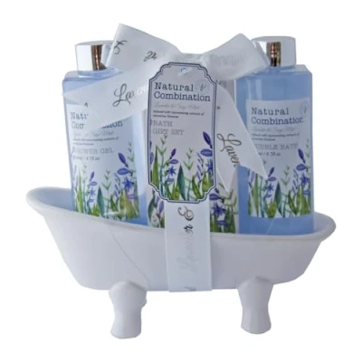 Abbildung von Accentra Badeset Lavendel in Keramikbadewanne, inkl. 140ml Duschgel, Schaumbad, 50g Badesalz, Duft: &amp; Salbei lila/weiß