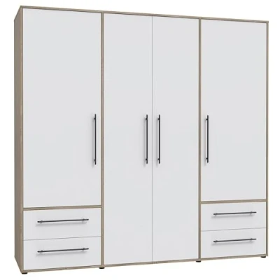 Abbildung von FORTE Jupiter Schrank 200 210, Kleiderschrank, Drehtürenschrank, 4 türig, mit Schubladen und Einlegeböden, Weiß Holz Dekor: Sonoma Eiche, 206 cm breit x 59 tief hoch