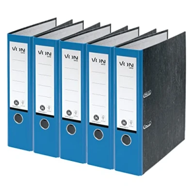 Abbildung von VON Leitz 5er Pack Ordner A4, 100 % Recyclingkarton, 80 mm Rückenbreite, Für 600 Blatt, Marmoriert, Blauer Engel &amp; FSC zertifiziert, Schule, Studium Haushalt, Blau, 10531035