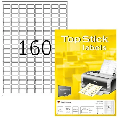 Abbildung von TopStick 8791 Universal Etiketten, 100 Blatt, 22 x 12 mm, 160 pro A4 Bogen, 16000 Stück, selbstklebend, bedruckbar, matt, blanko Papier Klebeetiketten Aufkleber, weiß
