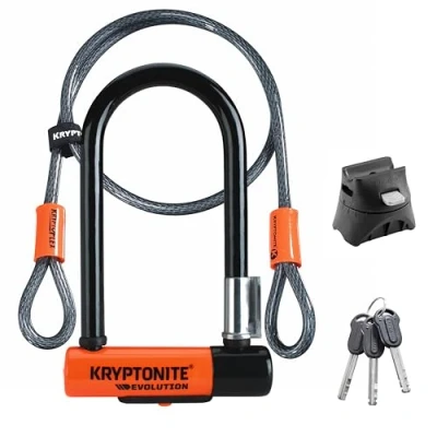 Abbildung von Kryptonite Evolution Mini 7 Bügelschloss Sicherheitsgrad 7/10, robustes Anti Diebstahl Fahrradschloss mit flexiblem Doppelschlaufenkabel und Transporthalterung, 3 Schlüsseln 8,3 x 15,3 cm