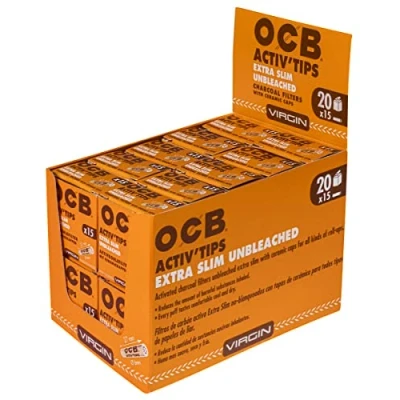 Abbildung von OCB 19400 Unbleached ActivTips Extra Slim 6 mm Keramikkappen 1 VE = 20 Boxen a 15 Aktivkohlefilter, Papier