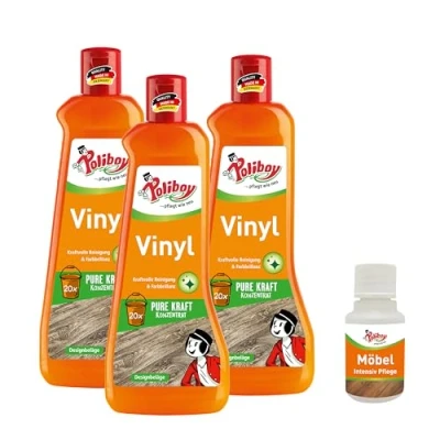 Abbildung von POLIBOY Vinyl Reiniger Bodenreiniger für Designbelag Wischpflege als Reinigungskonzentrat Mit Jojobaöl 3x 500 ml Produktprobe Made in Germany