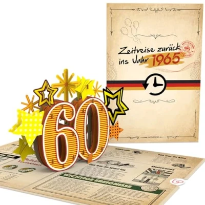 Abbildung von papercrush® Pop Up Karte „Zurück ins Jahr 1965“ Lustige 3D Geburtstagskarte zum 60. Geburtstag für Frau &amp; Mann Besondere Glückwunschkarte 60 Jahre mit lustigen Fakten Jahrgang