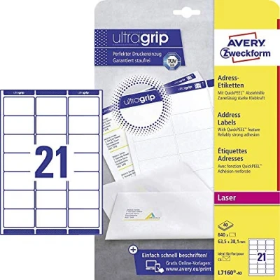 Abbildung von AVERY Zweckform L7160 40 Adressetiketten/Adressaufkleber (840 Etiketten mit ultragrip, 63,5x38,1mm auf A4, bedruckbar, selbstklebend, für DIN B6/C6 Briefkuverts, Papier matt) Blatt, weiß