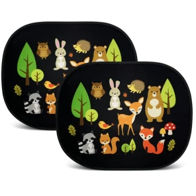 Abbildung von HECKBO 2X Auto Sonnenblende mit 8 Saugnäpfen Waldtiere Tiere Motiv 44x36cm Fenster Seitenfenster Sonnenschutz Autosonnenblende Seitenscheibe Tasche für Baby Kinder Mädchen Jungen