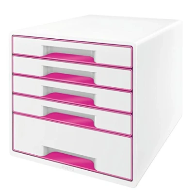 Abbildung von Leitz CUBE Schubladenbox mit 5 Schubladen, Weiß/Pink, A4, Inkl. transparentem Schubladeneinsatz, WOW, 52142023