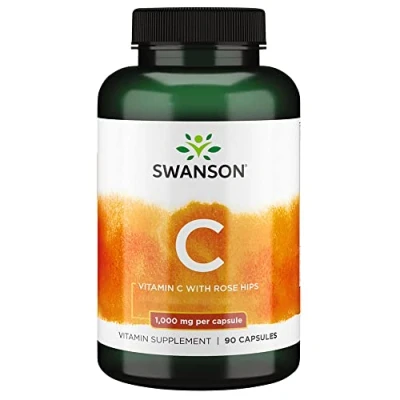 Abbildung von Swanson C 1000, Vitamin (Ascorbinsäure), 1000mg, mit Hagebutte, 90 Kapseln, hochdosiert, Laborgeprüft, Sojafrei, Glutenfrei, Ohne Gentechnik