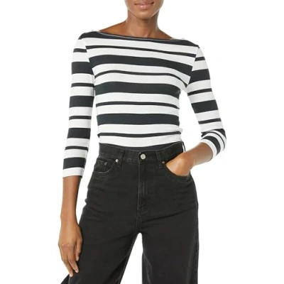 Abbildung von Amazon Essentials Damen Einfarbiges T Shirt mit U Boot Ausschnitt und 3/4 Ärmeln in schmaler Passform, Schwarz Weiß Platzierter Streifen, L