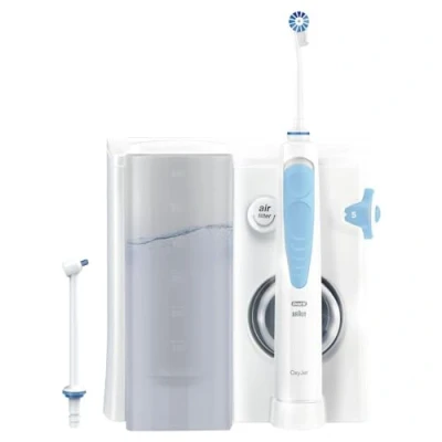 Abbildung von Oral B Health Center Munddusche, 2 Ersatzdüsen, Zahnzwischenraumreiniger für sanfte Zahnreinigung &amp; gesünderes Zahnfleisch, mit Oxyjet Technologie, 5 Druckstufen Zahnpflege, weiß/blau
