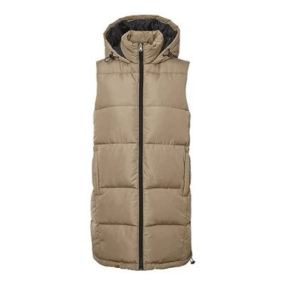 Abbildung von NOISY MAY Damen Lange Puffer Weste Wattierte Stepp Übergangsjacke ohne Ärmel mit Kapuze &amp; Zip NMAURORA, Farben:Beige, Größe:34