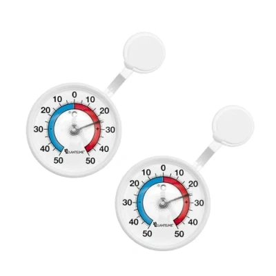 Abbildung von Lantelme 2 Stück Fensterthermometer Set selbstklebend für Außen zum ankleben an der Fensterscheibe oder am Rahmen Thermometer auch Garten Fenster Analog Made in Germany Farbe weiß 4081