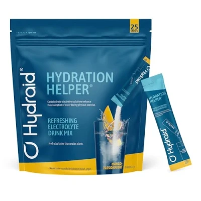Abbildung von Hydraid Hydration Helper® Mango Elektrolyt Pulver mit 1118mg Elektrolyten zur besseren Wasseraufnahme für Sport &amp; schnelle Erholung 25 Sticks Maracuja Geschmack