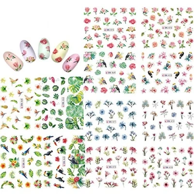 Abbildung von KADS Nail Art Aufkleber Full Wrap Space Design Blume Blätter Flamingos Sticker Tattoo Sommer Nagel Decals