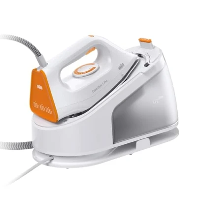 Abbildung von Braun CareStyle 1 Pro IS 1511 WH, Dampfbügelstation Dampfbügeleisen mit FreeGlide 3D Technologie, Vertikaldampf, Anti Tropf Funktion, 1,7 l Wassertank, 5,5 bar, 360 g/min, 2200 W, Weiß/Orange