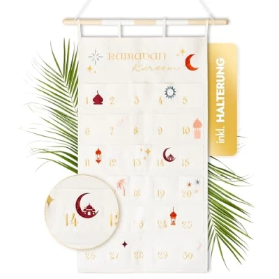 Abbildung von AMARI ® Ramadan Wandkalender aus Stoff mit Befestigungsstange Ramadankalender zum Befüllen Bastelset