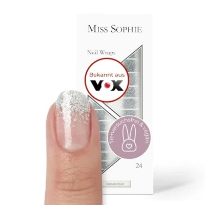 Abbildung von Original Miss Sophie Nagelfolien Diamond Dust I 24 ultra dünne Nagellack Streifen mit Farbverlauf Glitzer, Silber Für Finger &amp;Fußnägel Hält auf Natur sowie lackierten, Acryl , Gel &amp;Shellac Nägeln
