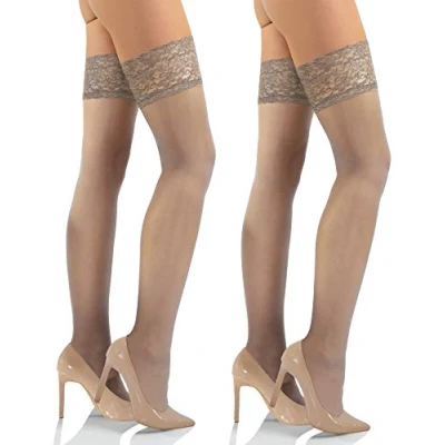 Abbildung von sesto senso Halterlose Strümpfe mit Spitze 2er Pack 15 DEN Feinstrümpfe Damen 3/4 M/L Miele Beige Hautfarbe