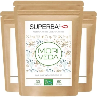 Abbildung von Superba Premium Krillöl Softgel Caps mit revolutionärem Omega 3 Öl verestertem Astaxanthin, Antioxidantien &amp; Vitaminen Herz Immunsystem Gedächtnis 180 Kapseln von MoriVeda