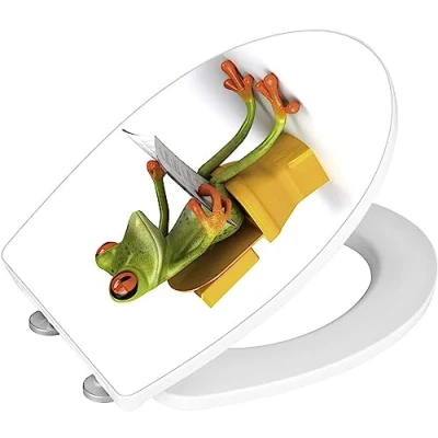 Abbildung von WENKO WC Sitz Hochglanz Acryl Frog News, High Gloss Oberfläche, hygienischer Toilettendeckel mit Absenkautomatik, aus antibakteriellem Duroplast, 39 x 45 cm