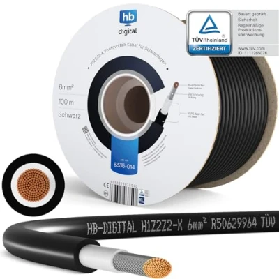 Abbildung von hb digital 100m Solarkabel H1Z2Z2 K TÜV Rheinland geprüft 6mm2 UV beständig flexibel PV Kabel Reines Kupfer 1500V Verlängerungskabel Photovoltaik für Solarpanel Laderegler schwarz