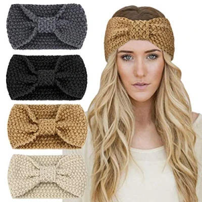 Abbildung von DRESHOW Stirnband Damen Winter Strick, Mädchen, 4 Pcs Stirnbänder Haarband Ohrenwärmer Elastische, Herbst Und