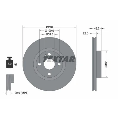 Abbildung von TEXTAR PRO 92175903 Bremsscheibe 270 22 04/05 100 innenbelüftet beschichtet ohne Radlager, Radbefestigungsbolzen, Radnabe MAZDA: MX 5 2