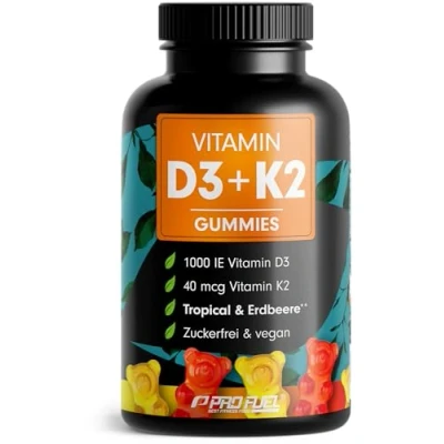 Abbildung von Vitamin D3 + K2 Gummies 60x mit je 1000 IE 40 mcg optimal hochdosiert 100% zuckerfrei und vegan laborgeprüft Zertifikat Vorrat für 4 Monate