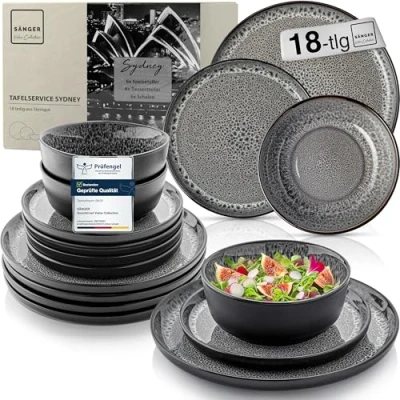 Abbildung von SÄNGER Sydney Steingut Geschirr Set 18 tlg, Teller 6 Personen, Geschirrset 6x Speiseteller Müslischalen Dessertteller, Tafelservice dunkel grau kratzfest, Essgeschirr VALUE COLLECTION