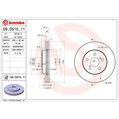 Abbildung von BREMBO 09.D510.11 Bremsscheibe 255 25 5 innenbelüftet beschichtet