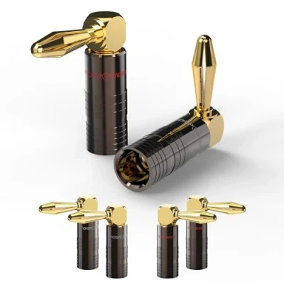 Abbildung von FosPower 12 Premium Rechtwinklige Bananenstecker für Lautsprecherkabel Vergoldete Anschlüsse/Doppel Fixierschrauben HiFi, Lautsprecher, Lautsprecherkabel, Verstärker, Heimkino