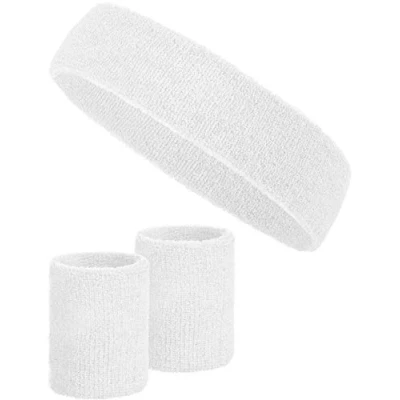 Abbildung von 3 teiliges Schweißband Set mit 2X Schweißbändern für die Handgelenke + 1x Stirnband Damen &amp; Herren (Weiß)