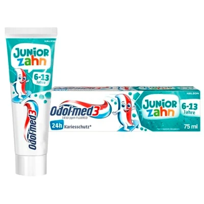 Abbildung von Odol med3 Juniorzahn Zahnpasta, Zahncreme für Kinder ab 6 Jahren zum Schutz von Milchzähnen und bleibenden Zähnen, 75ml